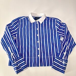 J. Crew Organic Cotton Button Down Blue White Stripe Shirt Women’s Small 2